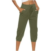 QUYUON Cropped Jogger Pants Women Plus Size Capris Elastic High Waist Pull on Pants with Pockets Casual Loose Fit Drawstring Linen Pant Solid Color Straight Leg Pants Trousers Yoga Leggings Army Green